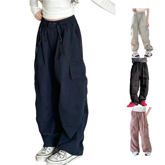 ZXLBBD Girls High Waisted Solid Color Loose Fit Pockets Cargo Pants for Kids Trousers Streetwear Fashion Causal Daily Wear,Navy,Size 14 Y-15 Y