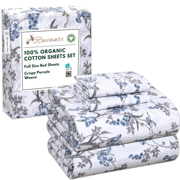 RUVANTI 100% Organic Cotton Sheets - Full Size bed sheet - 4 Piece Percale Weave Bedding, Crisp, Cooling & Breathable, Soft & Durable, 15" Deep Pocket, Hotel Quality Sábanas - Deluxe