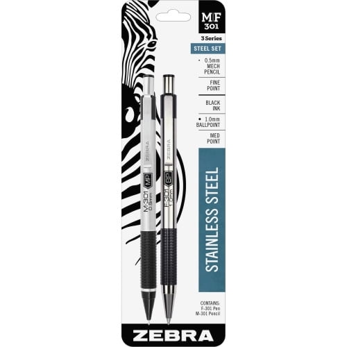 Zebra Pen M/F-301 Nonslip Grip Pen and Pencil Sets Fine Pen Point - 0.7 mm Pen Point Size - 0.5 mm Lead Size - Refillable - Black Ink - Stainless Steel Barrel - 1 / Pack