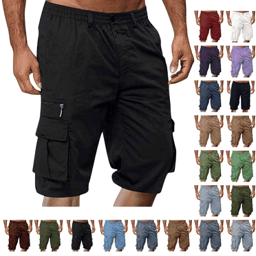 Titcea Mens Shorts Solid Color Straight Buttons Zipper Elastic Cargo Pants Multi Pockets Casual Half Trunks Beach Shorts