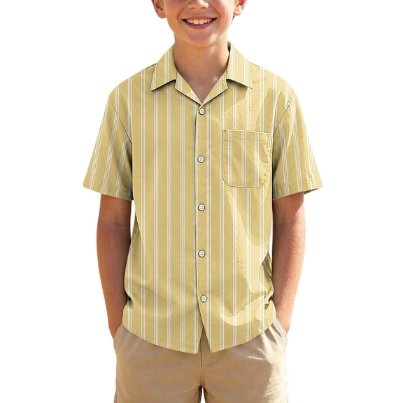 Khunlpohl Boy's Short Sleeve Shirt Tops Summer Button Down Collared Striped Casual Shirts Clothes for Kids 3-15 Years