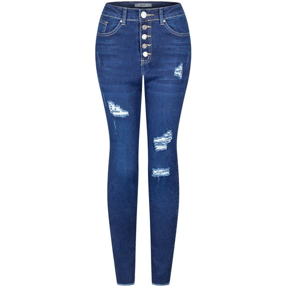 2Luver, Women's, High Waist High Rise Ripped Distressed 5 Pockets Skinny Comfy Jeans Button Closure, Dark Denim, 7