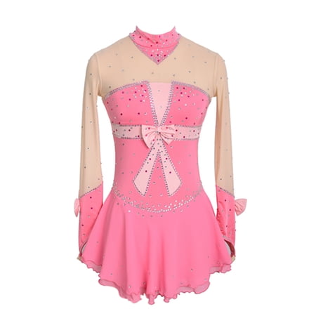 LIUHUO Custom Figure Skating Dress for Girls Women Stretch Pink Spandex Flowing Skirt Back Straps Pink Bows Diamond Accents