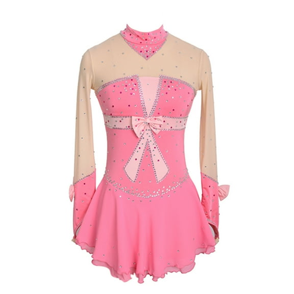 LIUHUO Custom Figure Skating Dress for Girls Women Stretch Pink Spandex Flowing Skirt Back Straps Pink Bows Diamond Accents