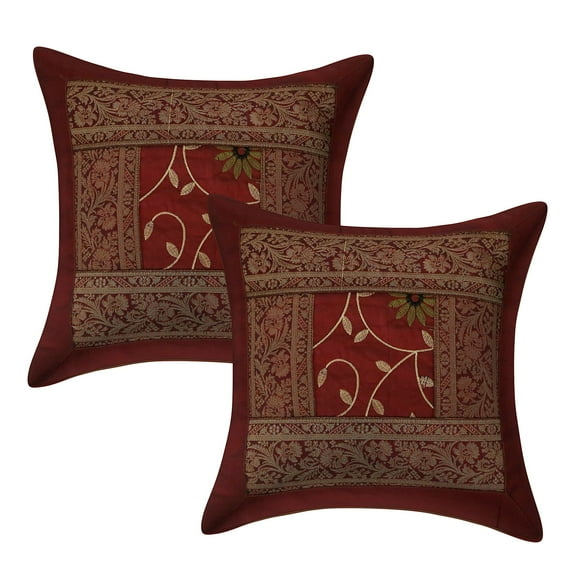Stylo Culture Ethnic Chair Seat Throw Pillow Covers Embroidered 16x16 Brocade Patchwork Maroon Traditional 40cm x 40cm Bedroom Polydupion Floral Square Cushion Covers | Set Of 2