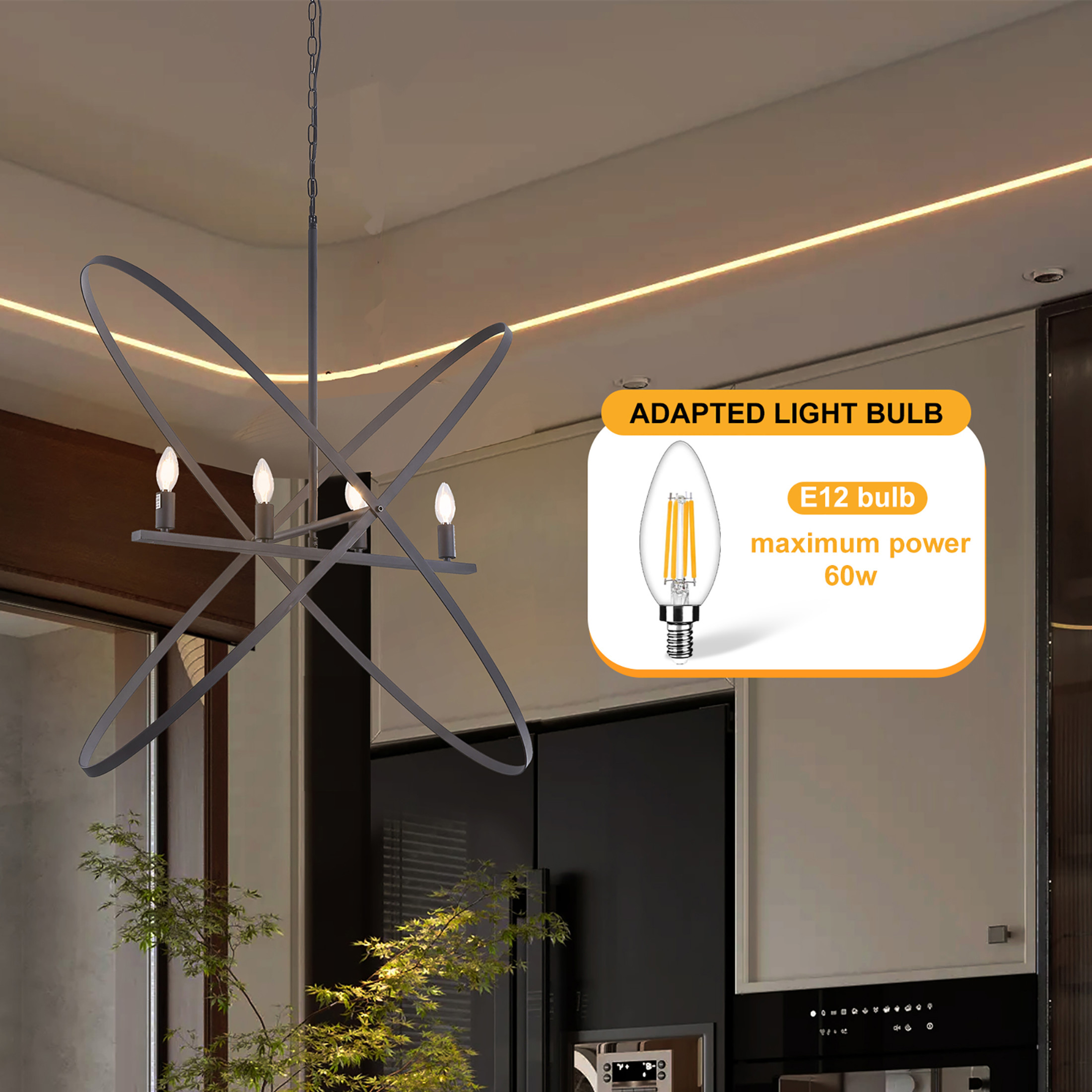 Noble House 29" Atom Pendant Light, E12 4-Light Orb with Brass Metal Bands, Modern LED Hanging Fixture, Matte Black