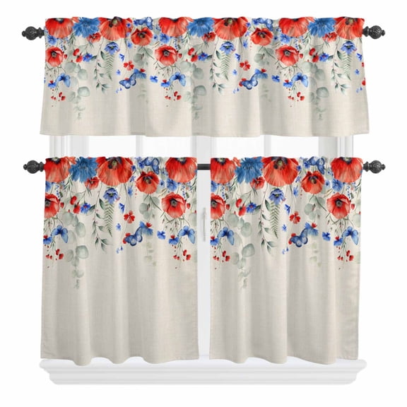 3 Piece Kitchen Curtains and Valances Set Blue Red Flowers Cafe Curtains 36 Inch Length Elegant Spring Floral Butterfly Rustic Valance & Tier Curtain for Living Room Bedroom Window 54"x18" 27"x36"*2