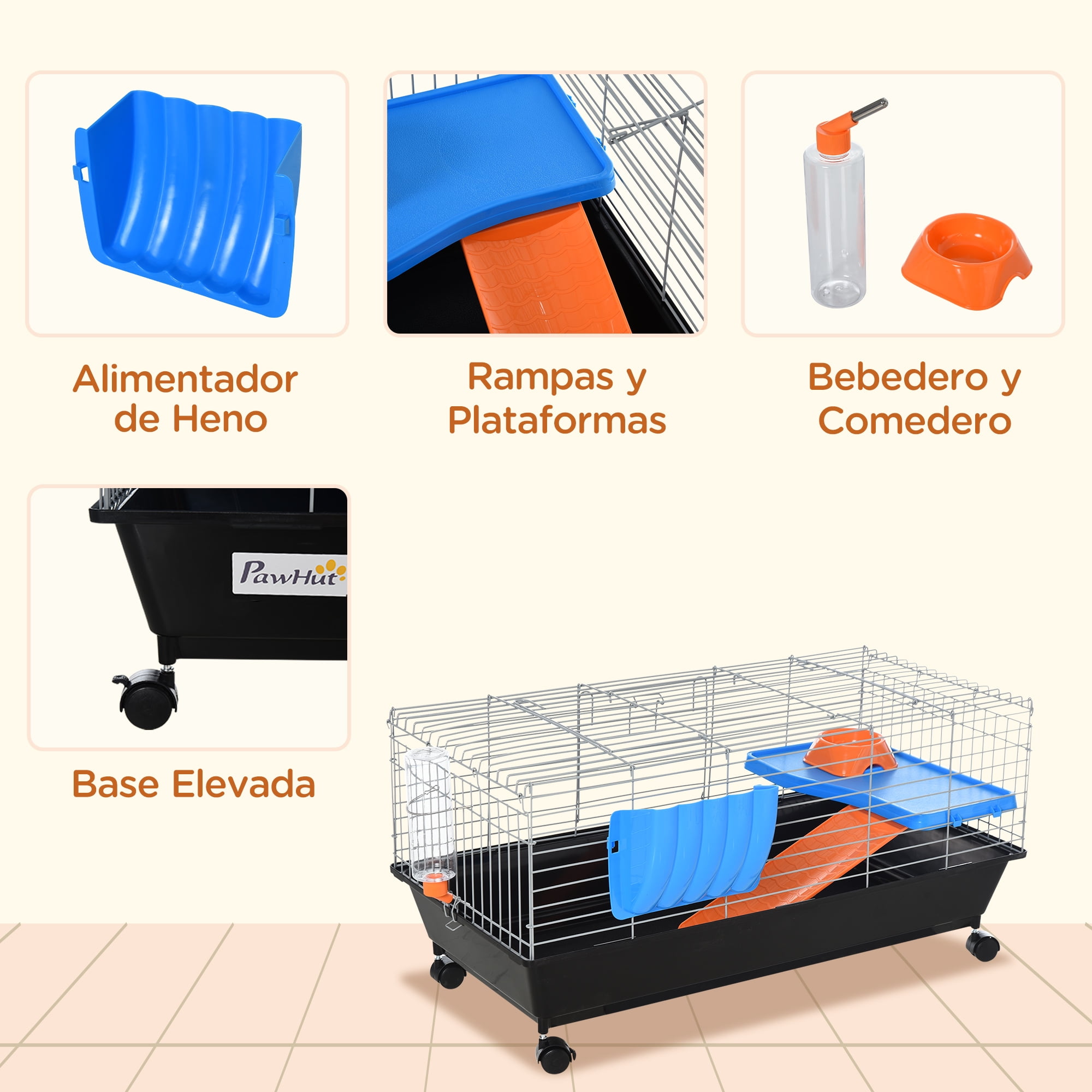 PawHut 35" Small Animal Cage with Wheels, Ramp, Water, Food Dish, Black
