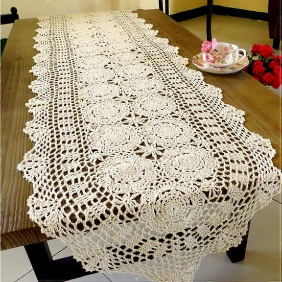 Handmade Crochet Cotton Lace Table Runner Tablecloth, 15.7 x 59 inch Beige
