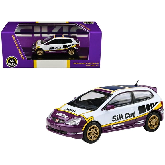 2001 Honda Civic Type R EP3 "Silk Cut" White and Purple with Graphics 1/64 Diecast Model Car by Paragon