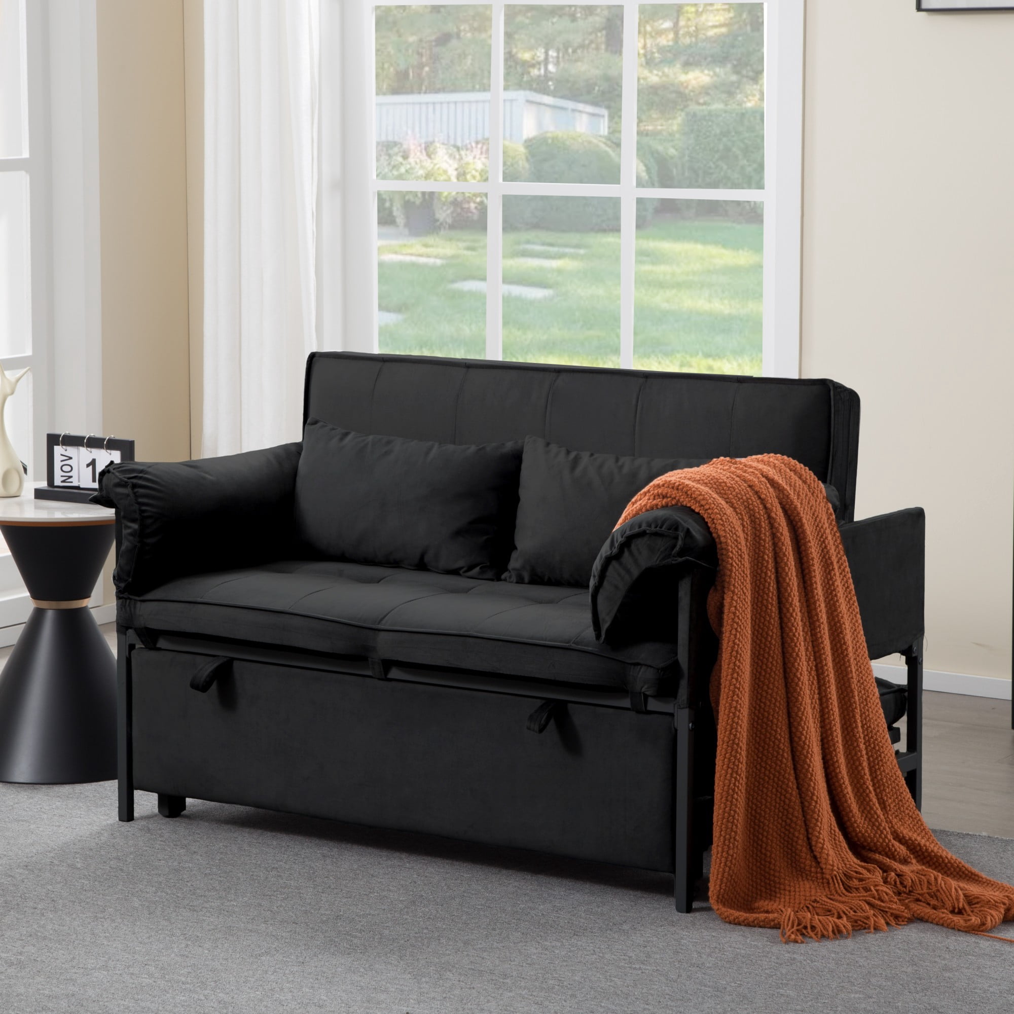 BSHTI 46" Velvet Pull-Out Sleeper Sofa Bed with Adjustable Back, Metal Frame, 2 Pillows for Living Room（Black）