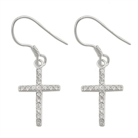 Clear CZ Classic Thin Cross Dangling Fishhook Earring Sterling Silver