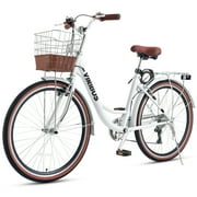 Viribus 24 Women's Cruiser Bike for Adults, 7-Speed Beach & City Bicycle with Basket Rack, White