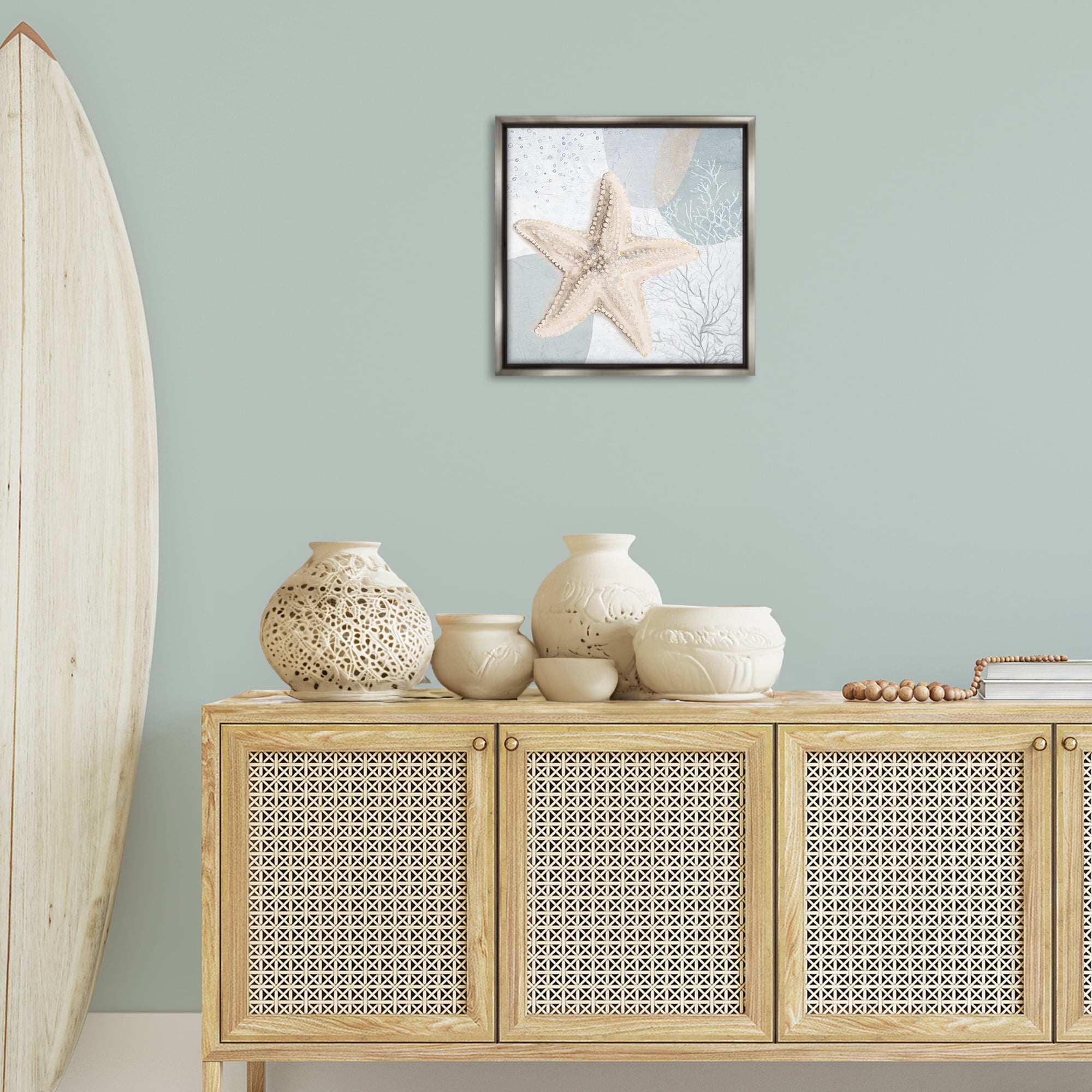 Stupell Industries Starfish over Circle Pattern Coastal Painting Gray Floater Framed Canvas Art Print Wall Art, 18 x 18