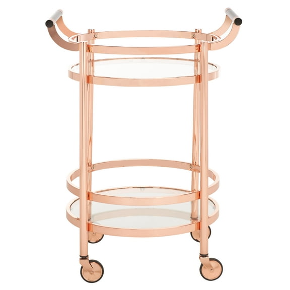 SAFAVIEH Sienna 2 Tier Modern Glam Round Bar Cart with Casters, Rose Gold /Black Nickel Trim Handle/Tempered Glass (23.8 in. W x 19.9 in. D x 34 in. H)