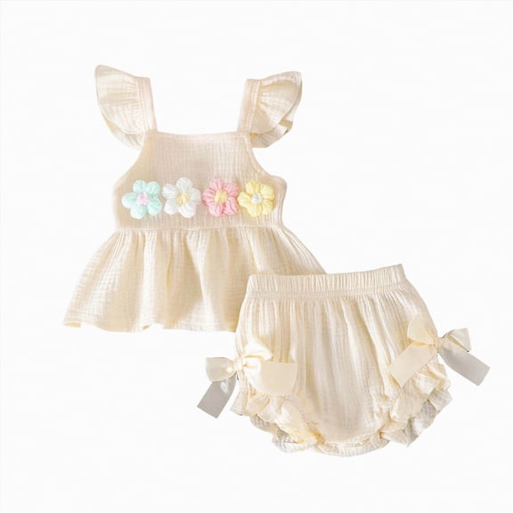 Yindaity Cute Baby Girl Outfit Newborn Baby Girl Clothes Girl Short Sleeve Romper Floral Shorts Headband Infant Summer Outfits(Beige,0-3 Months)