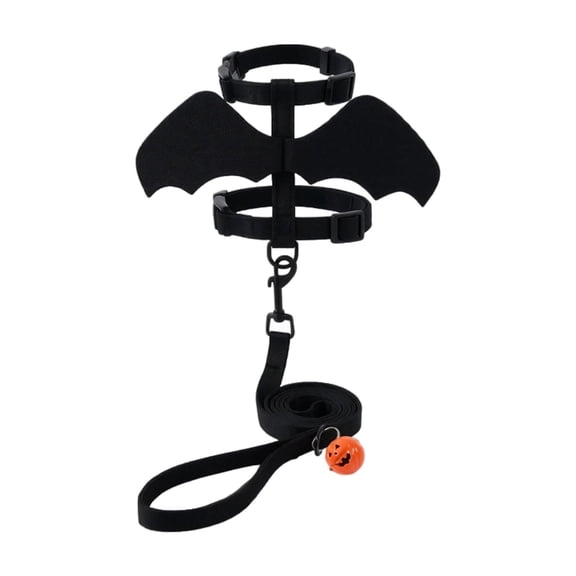 Halloween Bat Harness and Leash Set with Adjustable H-Style Vest and Pumpkin Charm, Black, for Small Dogs and Cats, Accessories