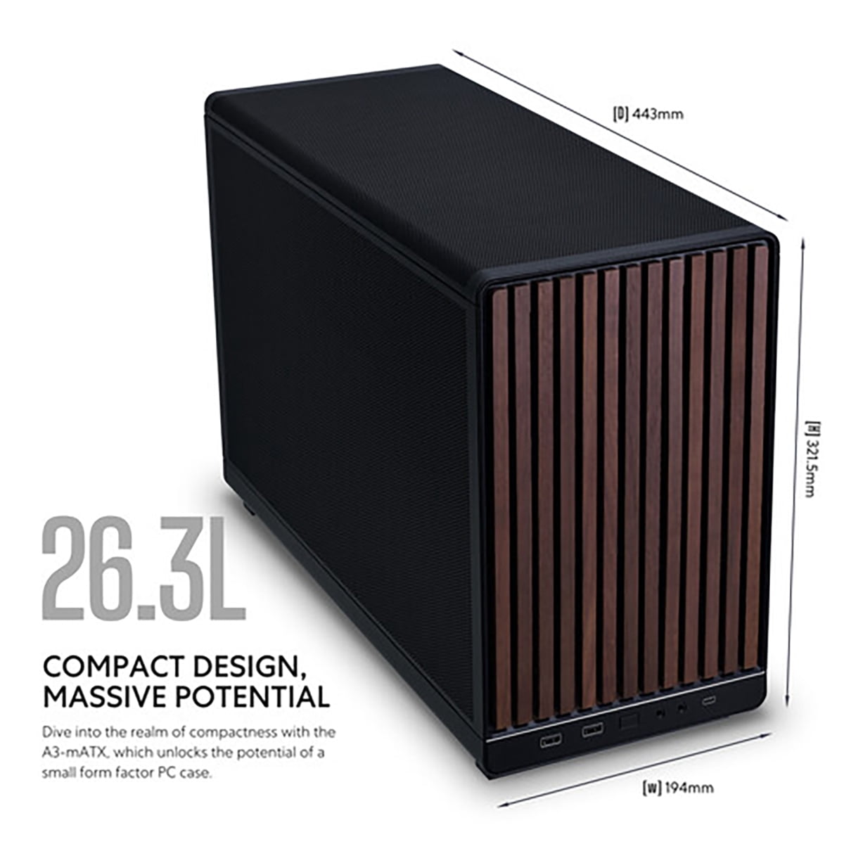 Lian Li A3-mATX PC Case - Wood Edition - Micro ATX Case - Supports 360mm AIO Cooler & 415mm GPU - Wood Front Panel - No Fans Included - Black (A3X-WD)