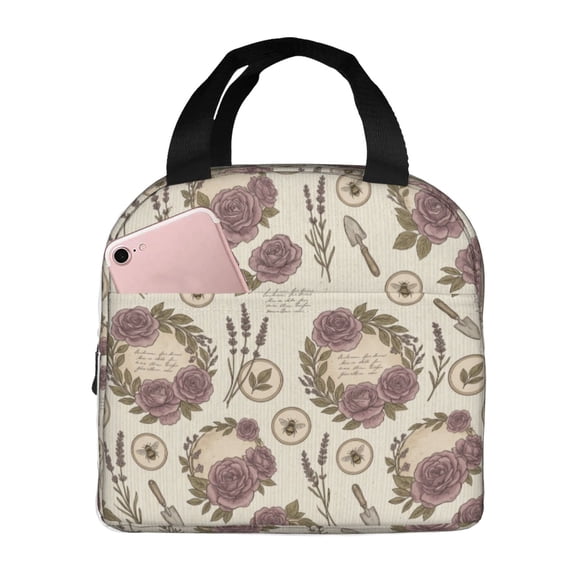 Flowers Lunch Box, Vintage Floral Artwork Design, Portable Insulated Cooler Bag For Men Women, Reusable Meal Carrier For Work And Daily Use