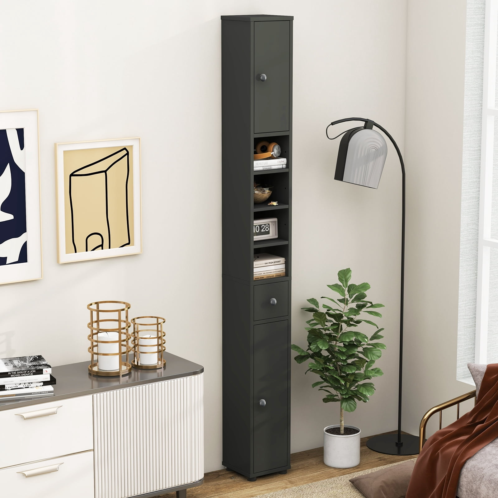 Gymax Tall Slim Bathroom Storage Cabinet Linen Tower w/Drawer Adjustable Shelves Gray