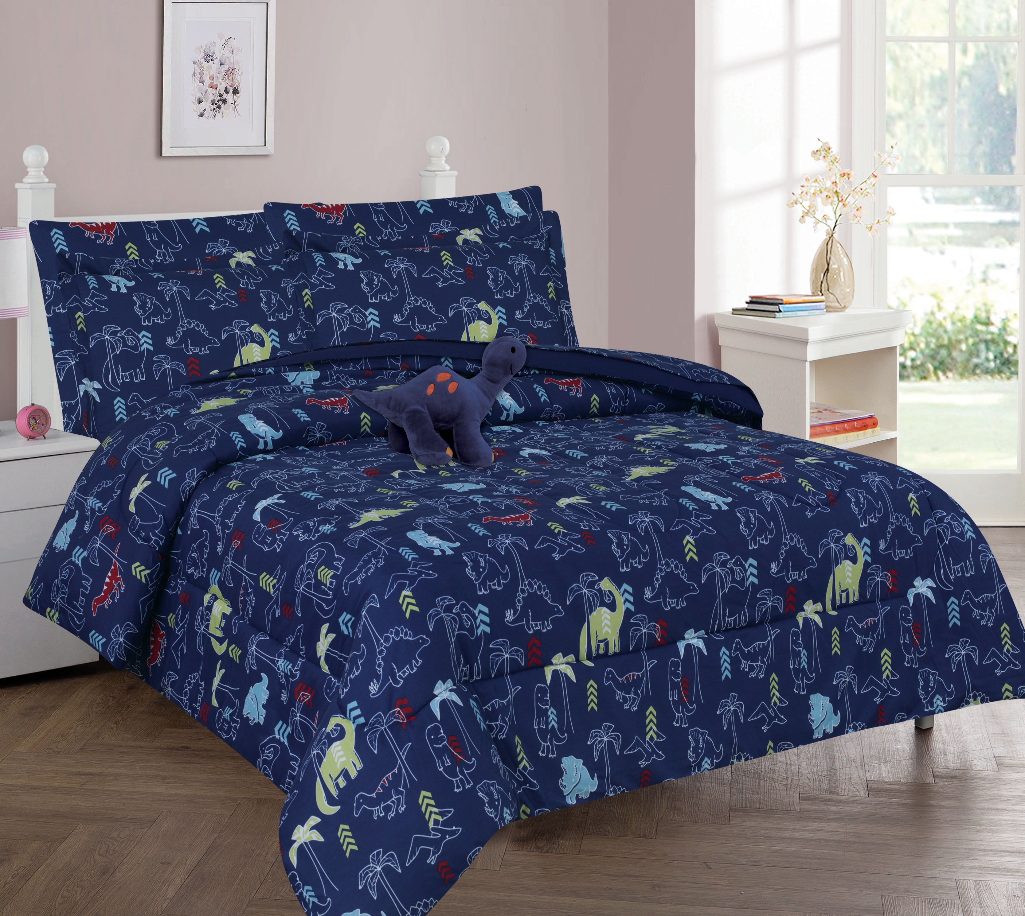 FULL DINOSAUR NAVY BOYS BEDDING SET, Beautiful Microfiber Comforter With  Furry Friend and Sheet Set (8 Piece Kids Bed In A Bag)