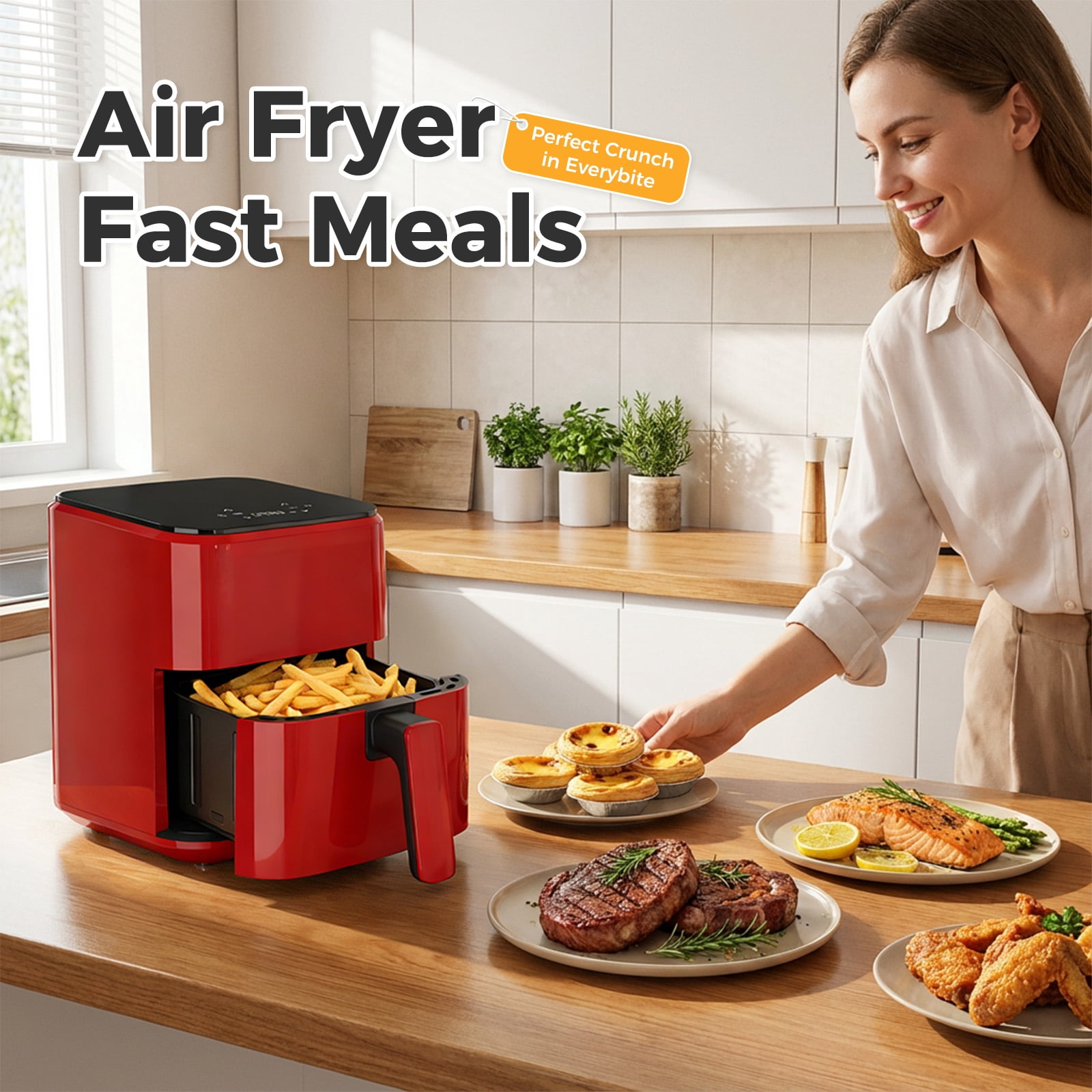 Gianna 3 Qt Air Fryer, 4-in-1 Air Fry, Roast, Reheat & Dehydrate, Nonstick Basket, Red