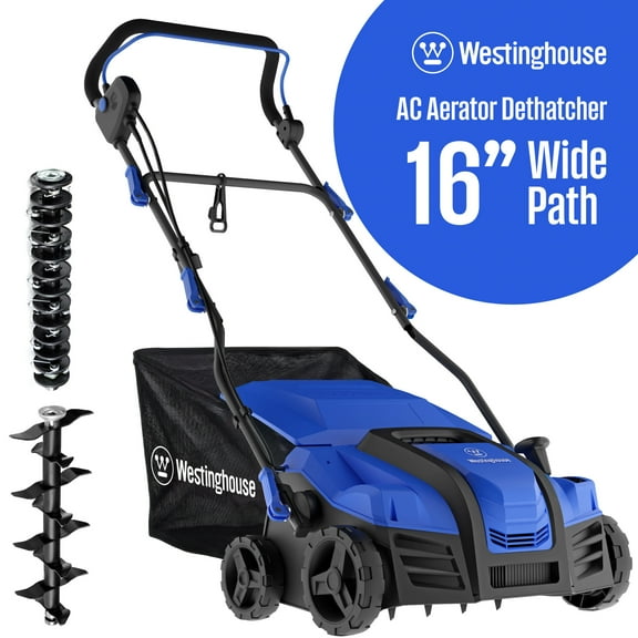 Open Box Westinghouse W16ADAC 16-Inch 15 Amp2-in-1 Corded Electric Dethatcher and Aerator with 14.5 Gallon Thatch Collection Bag, 5-Position Depth Adjustment and 3-Position Angle Settings
