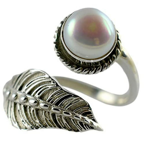 Navya Craft Freshwater Pearl 925 Sterling Silver Handmade Statement Leaf Designed Women Ring, Pearl Jewelry Size 6.0