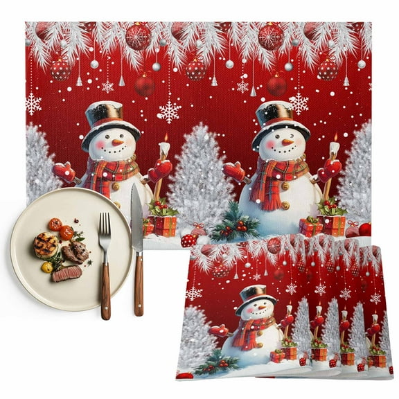 Red Christmas Placemats Set of 6, Snowman Xmas Balls Snowflakes Pine Branch Table Mats Washable Heat-Insulation Non-Slip Place Mats for Kitchen Dinner Table Indoor Outdoor Decor,13x19 Inch