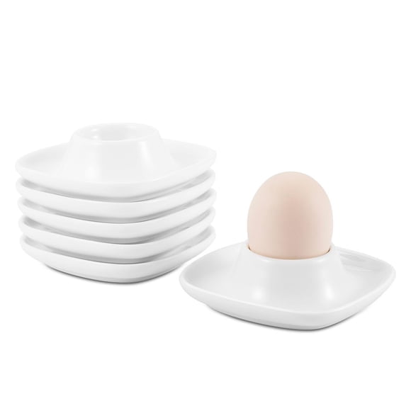 Flexzion Hueveras para Huevos Cocidos Suaves - Juego de 6 Hueveras de Cerámica - Hueveras Apilables con Base para Servir Desayuno Brunch - Decoración de Mesa de Cocina Blanco