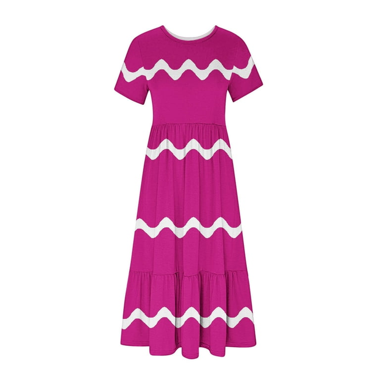 Womens Short Sleeve Mid Long Dress with Pockets Fashion Wave Striped Print  Pleated Casual Tiered Maxi T-shirt Dress (X-Large, Hot Pink) - Walmart.com