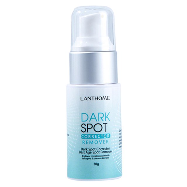removedor de manchas oscuras corrector en crema de desvanecimiento de pecas Frasco blanco y aqua de 30 g con dosificador de bomba y tapa transparente, vista frontal centrada; envase cilíndrico con etiqueta "DARK SPOT CORRECTOR REMOVER", indicado para uso en rostro y cuello y frecuentemente usado también para despigmentar manos y axilas.