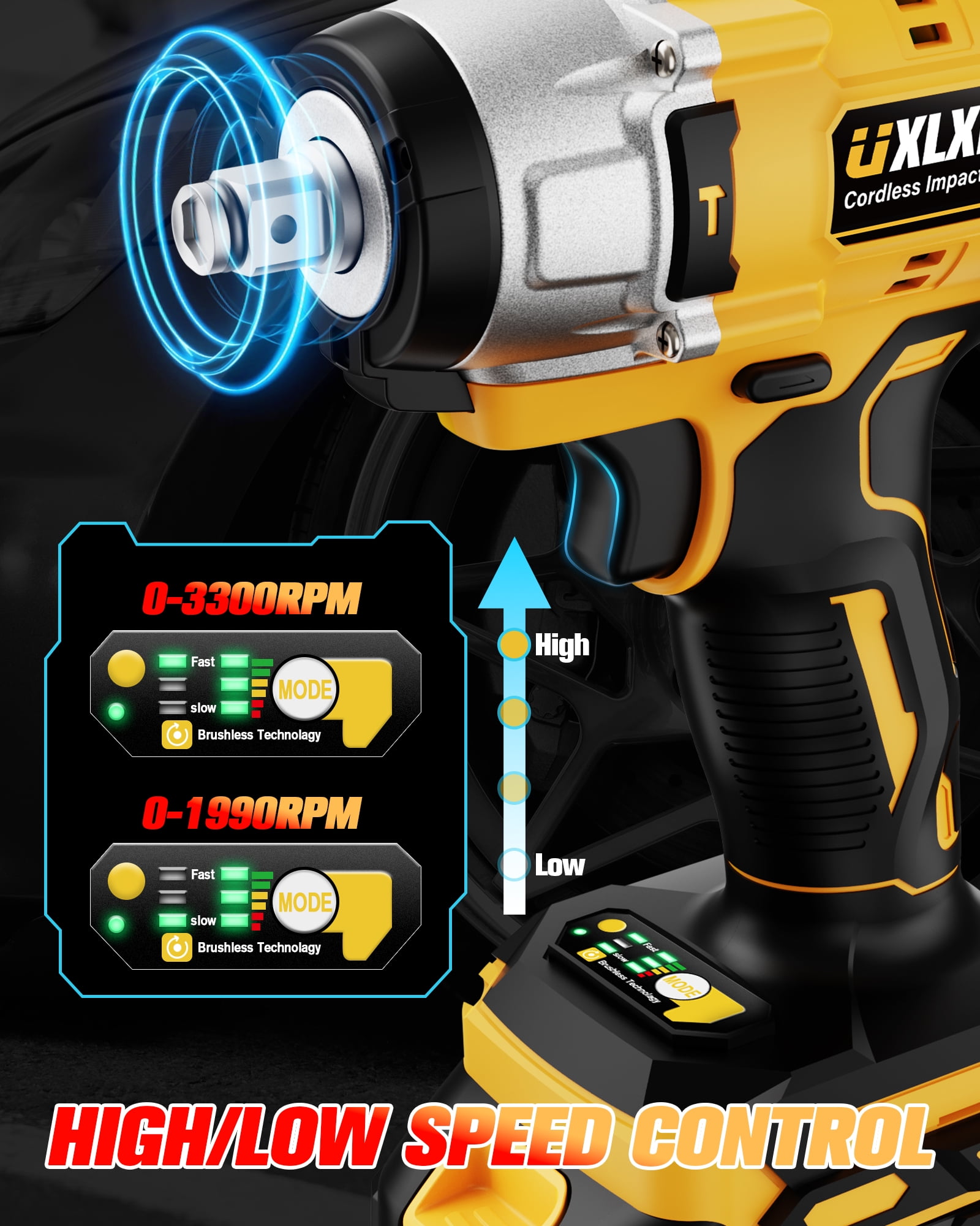 Brushless 1/2 inch Impact Wrench Cordless Impact Wrench - 590Ft-lbs (800N.m) , 3300RPM High Torque Impact Gun, 2x 4.0Ah Battery, Charger & 7 Sockets, Electric Impact Wrench for Car Home