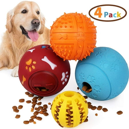 4PCS Dog Treat Ball, Treat Dispensing Dog Toys, IQ Treat Toys Non-Toxic Natural Rubber Interactive Dog Toys for Tooth Cleaning Chewing Playing
