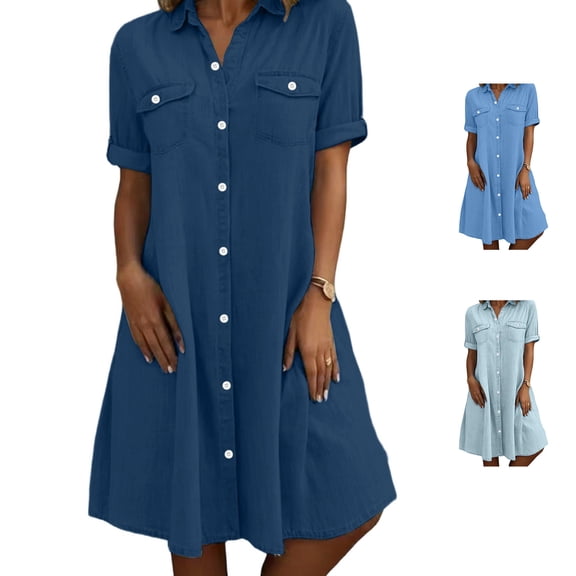 NSLGXD Denim Dress for Women 2026 Short Sleeve Lapel Collared Midi Shirt Dresses with Chest Pockets Dressy Casual Business Work Jean Dress S-2XL