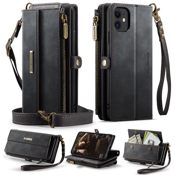 Allytechgroup Wallet Case for iPhone 11 with Credit Card Slot, RFID Blocking PU Leather Flip Case with Shoulder Strap Wrist Strap Compatible with MagSafe Shockproof Full Body Cover, Black