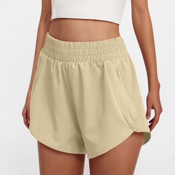 Juslio Shorts for Women Zipper Sporty, Casual Breathable Solid Elastic Waist Yoga Beige Shorts