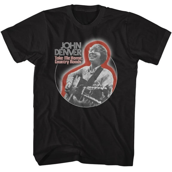John Denver Playing Guitar Circle Black Adult T-Shirt