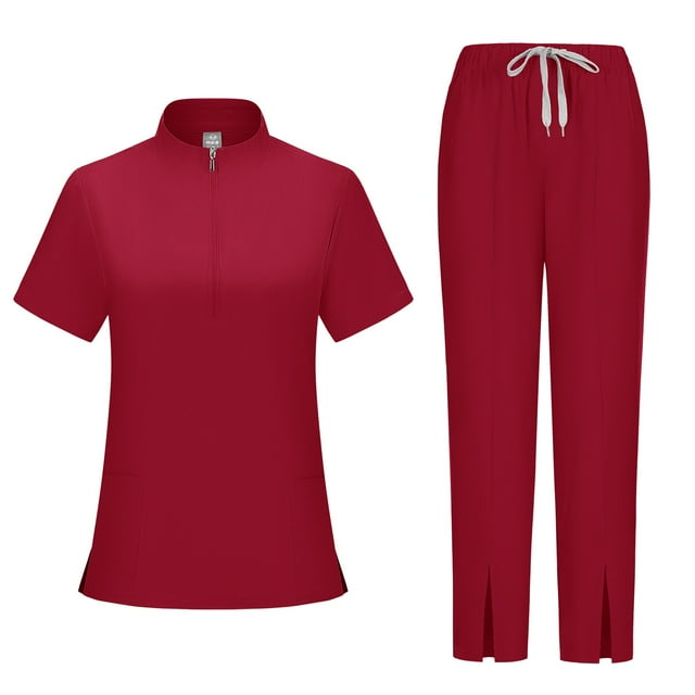 Ktyne Ensembles de Blouses Médicales pour Femmes Rouge Extensible Uniforme Infirmier Haut à Manches Courtes & Pantalon Jogger Ensemble de Blouses Unies avec Multi-Poches Vin G