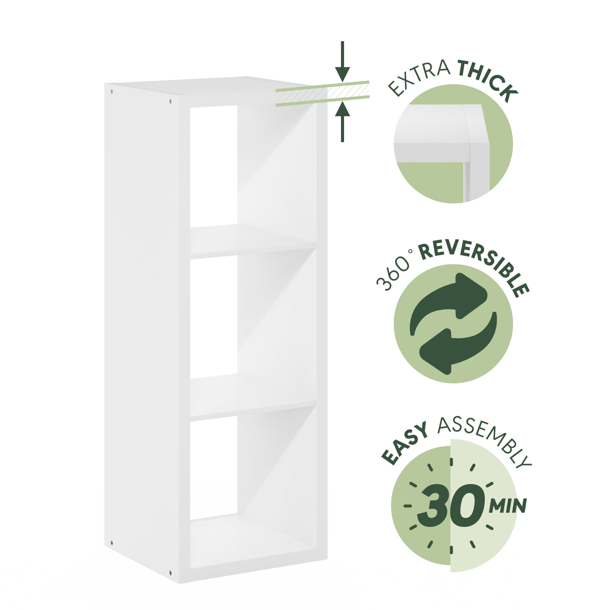 Furinno CUBICLE Book Shelf, 3-Cube Thick Frame Bookshelf, Horizontally & Vertically Reversible Bookcase with Open Back, 14.6 x 15.9 x 44, for Living Room, Bedroom, Home Office, Plain White