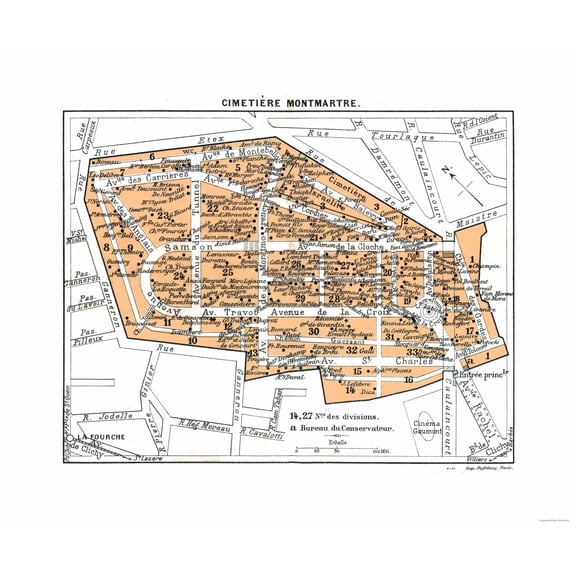 Historic Map - Paris France Montmartre Cemetery - Blue Guides 1921