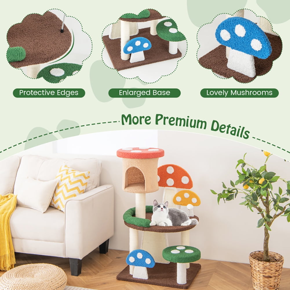 Cat Tower, Cat Tree for Indoor Cats, 4-In-1 Mushroom Cat Tree with Condo Spring Ball and Sisal Posts-Multicolor for Kittens, Elderly Cats, Adult Cats
