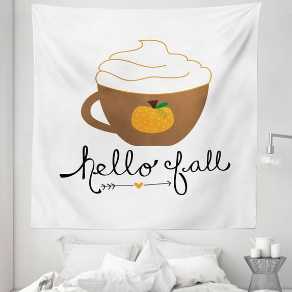 Hello Fall Tapestry, Autumn Season Related Pumpkin Spice Coffee Cup Drawing and Lettering, Fabric Wall Hanging Decor for Bedroom Living Room Dorm, 5 Sizes, White Caramel Marigold, by Ambesonne