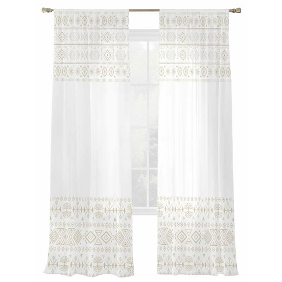 Beige White Boho Sheer Curtains 96 Inch Length 2 Panels Set, Semi Transparent Voile Rod Pocket Curtains for Living Dining Room Bedroom Drapes Vintage Ethnic Tribe Abstract Art