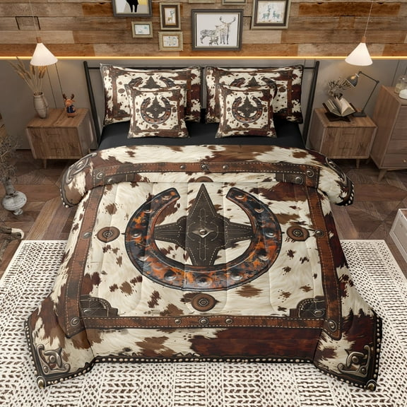 Manfei Cow Hide Print 7-Piece Twin Bedding Sets,Retro Western Horseshoe Bedding Comforter Set,Rustic Farmhouse Cabin Sheet Sets For Adults,Microfiber Bedroom Decor Reversible