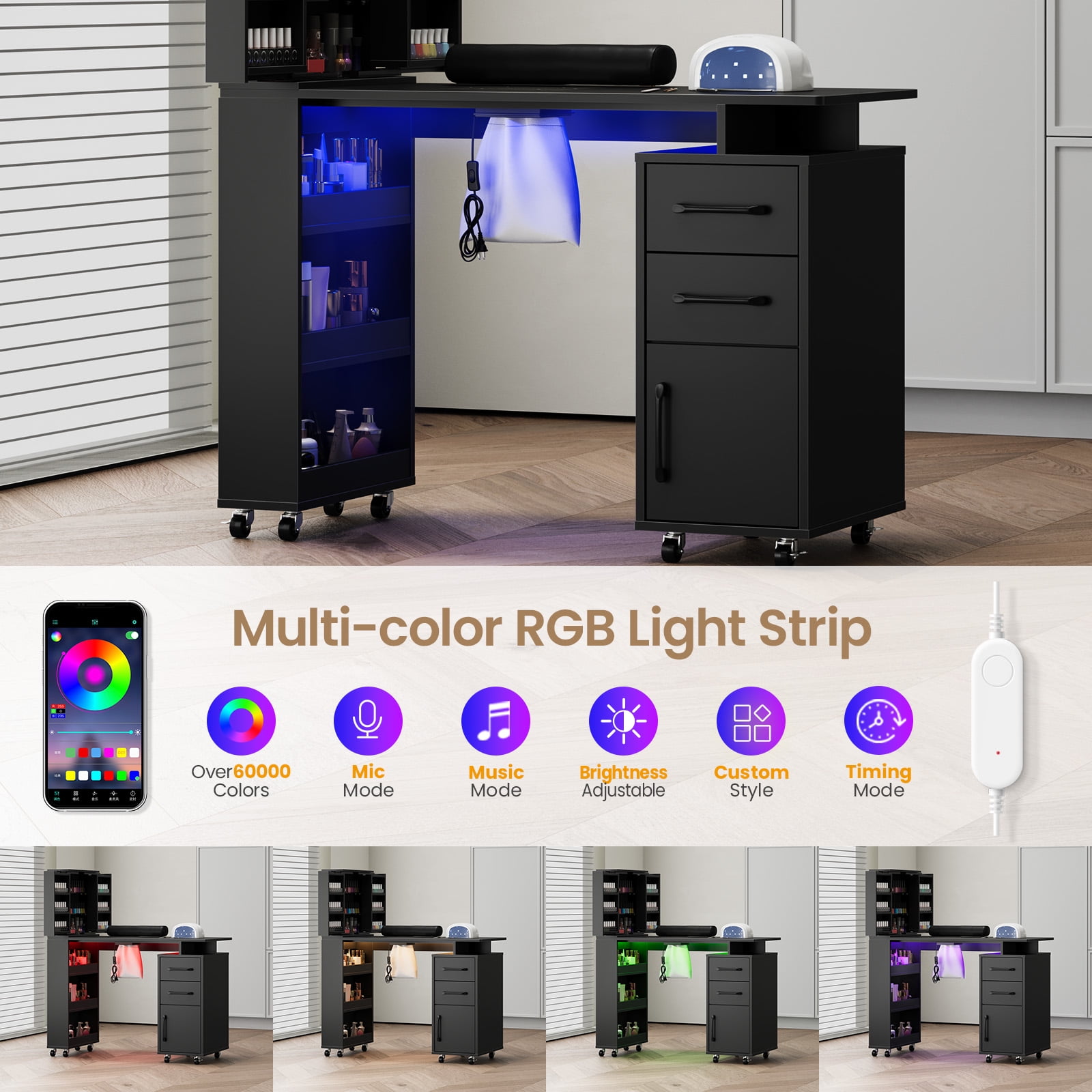 Advwin Professional Manicure Table with Extendable Nail Polish Cabinet, Dust Collector, LED Light & Wrist Rest, Rolling Nail Desk for Nail Tech, Beauty Nail Station for Home & Salon, Black