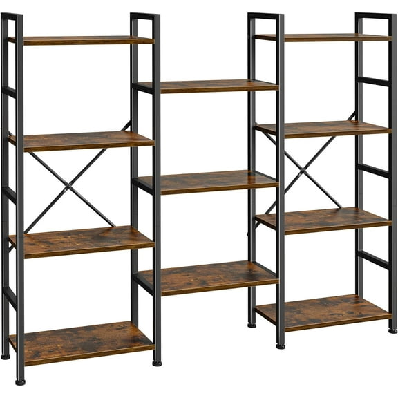 Triple 4 Tier Bookshelf, Bookcase with 11 Open Display Shelves, Wide Book Shelf Book Case for Home & Office, Rustic Brown
