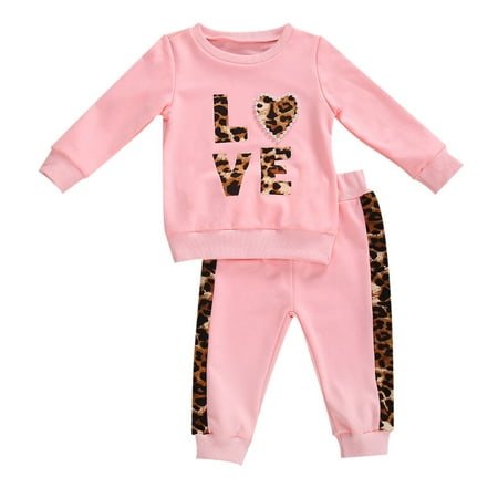 

Fiomva Toddler Baby Girl Leopard Letter Heart Print Sweatshirt Pants Set Sweatsuit Outfit