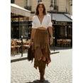 thumbnail image 2 of High Waisted Western Cowgirl Skirt, Asymmetrical Fringed Midi Skirt for Women, Vintage Boho Flowy Asymmetric Hem with Tassel Tie in Khaki & Brown, 2 of 6