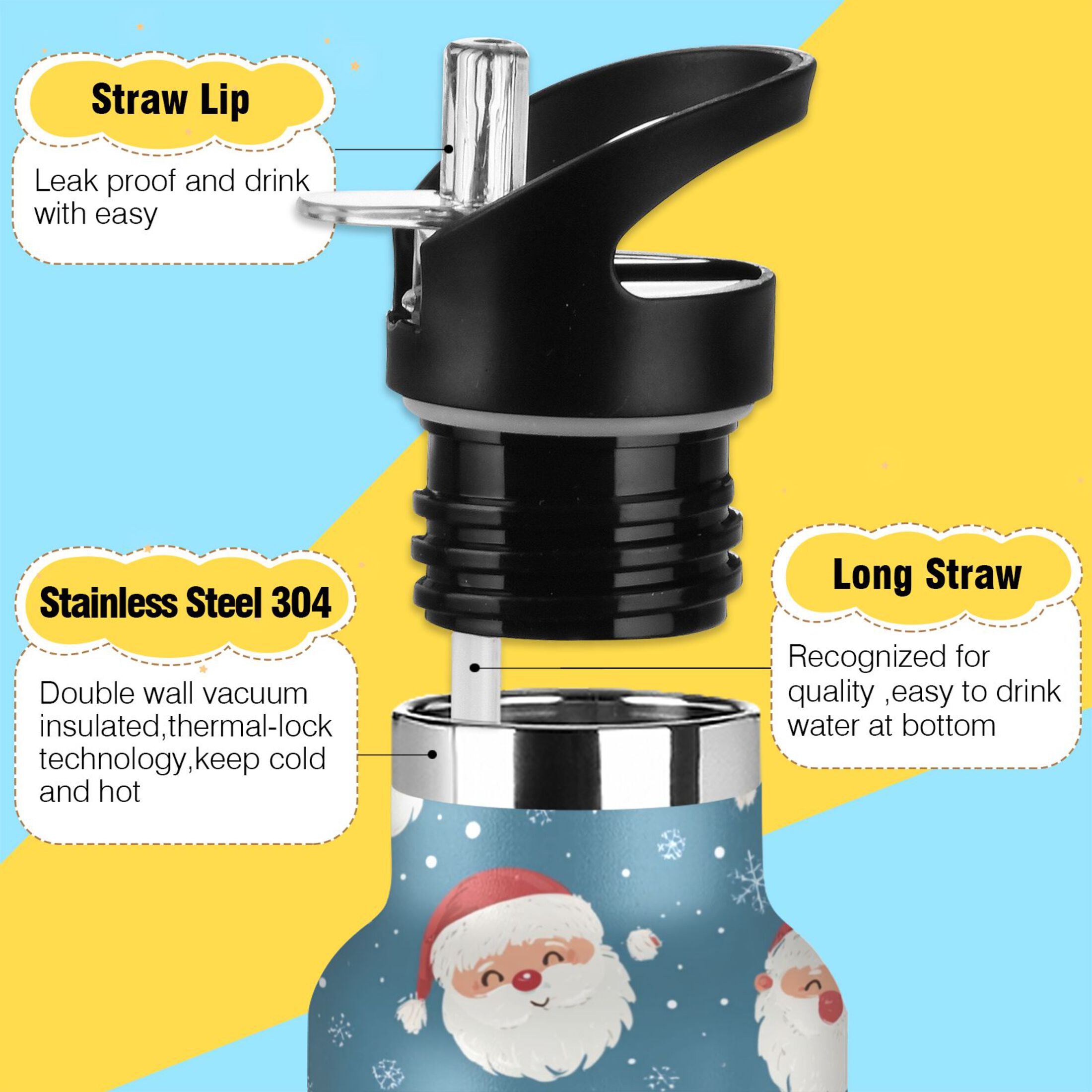 600ML Stainless Steel Insulated Cup Sports Water Bottle Portable Thermos Cup Water Glasses Insulated Tumblers Convenient and Durable Cartoon Santa Claus Face